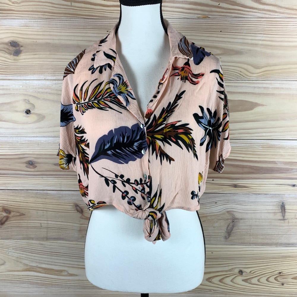 Indero Crop‎ Top Women Large Peach Tropical Floral Tie Button Up Shirt Beach